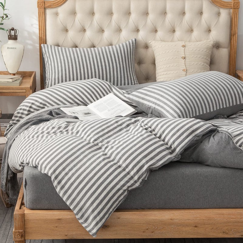 PURE ERA Jersey Knit Duvet Cover Set 100% T-Shirt Heather Cotton Super Soft Comfy Classic Striped Design, with Zipper Closure, Grey Stripe, Queen - Image 1